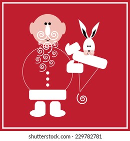 Illustration of Santa Claus with the rabbit on the red background