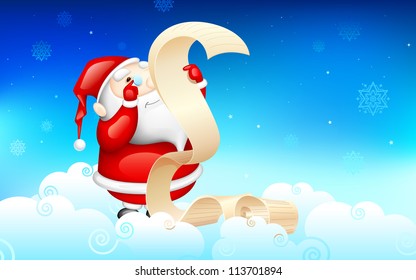 illustration of Santa Claus reading wish list for Christmas