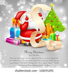 illustration of Santa Claus reading wish list for Christmas