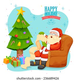 illustration of Santa Claus reading wish list for Christmas