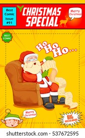 illustration of Santa Claus reading wish list for Christmas saying Ho Ho Ho