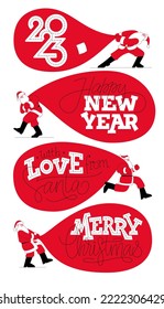 Illustration of Santa Claus with red sack and typography 2023, HAPPY NEW YEAR, with LOVE from SANTA, MERRY CHRISTMAS. Holiday lettering vector template for greeting card, tag, label, sticker, gift.