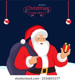 Illustration of Santa Claus in a red suit holding a small gift box with a yellow ribbon, carrying a sack of presents over his shoulder.