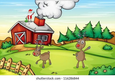 illustration of a santa claus and a reindeer in a beautiful nature
