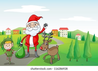illustration of a santa claus and a reindeer in a beautiful nature