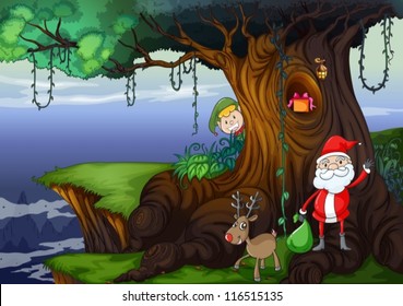 illustration of santa claus and a reindeer in a beautiful nature