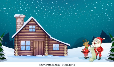illustration of a santa claus and a reindeer in a beautiful nature