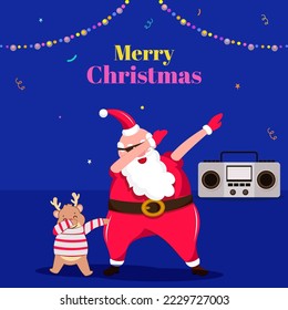 Illustration Of Santa Claus With Reindeer Performing Dab Dance Against Blue Background For Merry Christmas Celebration.