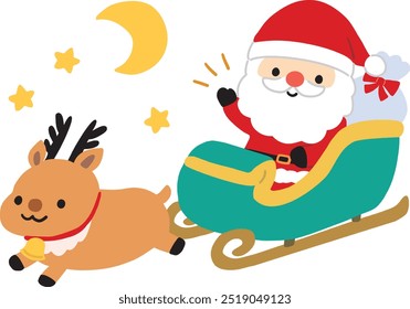 Illustration of Santa Claus and reindeer riding a sleigh