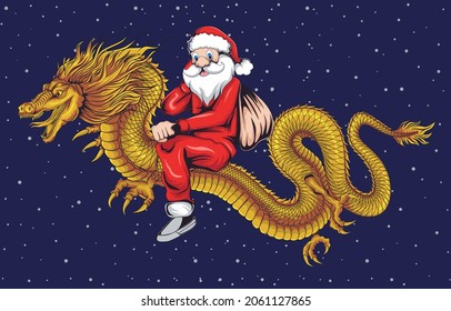 Illustration of santa claus riding a golden dragon