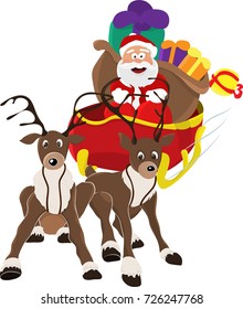 An illustration of Santa Claus riding in his Christmas Sleigh or Sled delivering presents. On a white background.Isolate