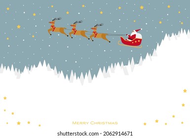 It is an illustration of Santa Claus riding on a reindeer sleigh running in the starry sky above the snowy mountains.Easy-to-use vector material.