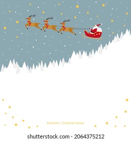 It is an illustration of Santa Claus riding on a reindeer sleigh running in the starry sky above the snowy mountains.Easy-to-use vector material.