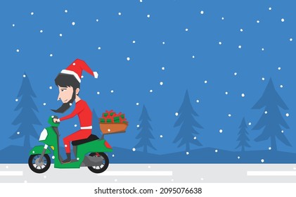 An illustration of Santa Claus riding scooter in the snowy road and bring some gift