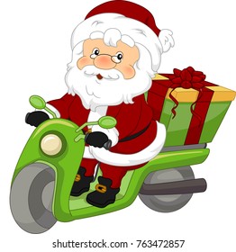 Illustration of Santa Claus Riding a Scooter Carrying a Big Gift Box