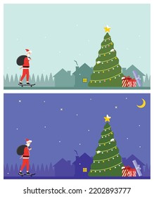 illustration of santa claus riding a skateboard to distribute gifts