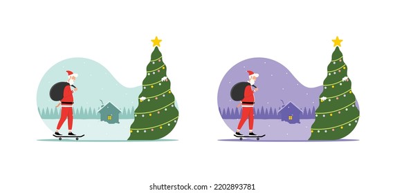 illustration of santa claus riding a skateboard to distribute gifts