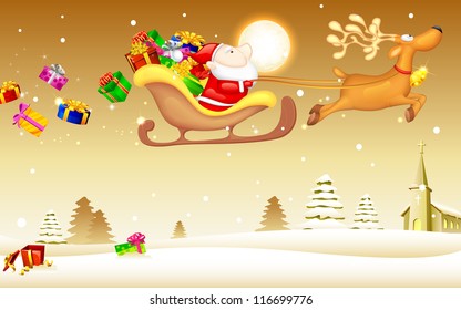 illustration of Santa Claus riding in sledge with Christmas gift