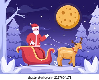 Ilustración de Santa Claus montando un trineo con renos por la noche.
Ilustración de caricaturas de Feliz Navidad.
Nochebuena con Santa.
Se puede usar para tarjetas de felicitación, postales, animaciones, etc