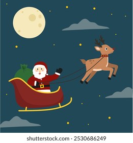 Illustration Santa Claus riding a sleigh, sanra Claus flies with reindeer bringing gifts 