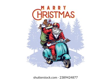 illustration of Santa Claus riding a Vespa motorbike and greeting with happiness