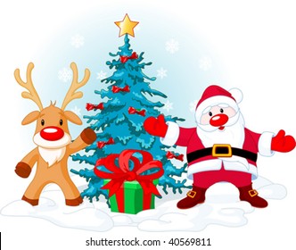 Illustration of a Santa Claus with Rudolph near Christmas tree...