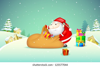 illustration of Santa Claus with sack of gift in Christmas night