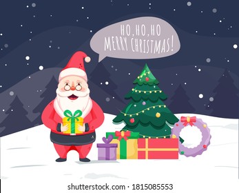 Illustration of Santa Claus Saying HO, HO, HO Merry Christmas with Gift Boxes, Wreath and Decorative Xmas Tree on Snow Falling Background.