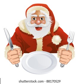 Illustration of Santa Claus seated for Christmas Dinner with empty plate and knife and fork