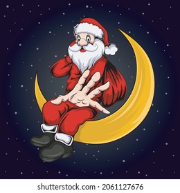 Illustration of santa claus sitting on the moon with a sack