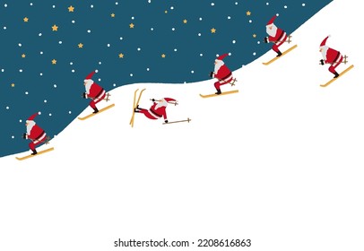 Illustration of Santa Claus skiing on a snowy mountain on a snowy night