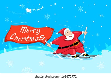 illustration of Santa Claus skiing in snow with Merry Christmas Banner