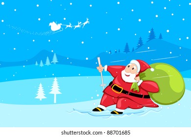 illustration of santa claus skiing in snow with his bag