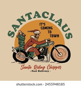 illustration of a Santa Claus skull riding a motorbike, freehand illustration, 100% vector.