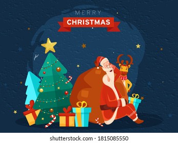 Illustration of Santa Claus Sleeping with Heavy Bag, Cartoon Reindeer, Gift Boxes, Candy Cane and Decorative Xmas Tree on Blue Grunge Background for Merry Christmas Celebration.