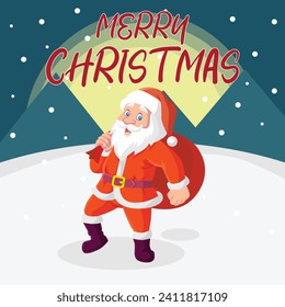 Illustration of Santa Claus smiling while carrying a gift bag at Snowy Christmas Night