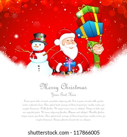 illustration of Santa Claus with Snowman and Elf distributing Christmas gift