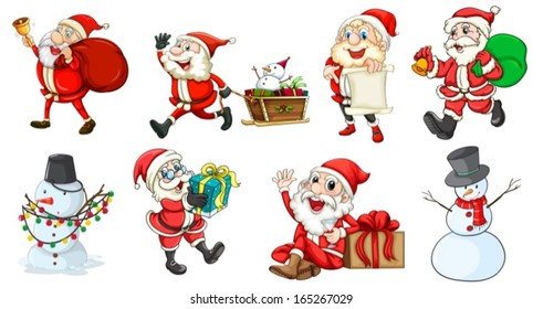 Illustration of Santa Claus and the snowmen on a white background