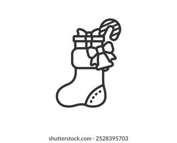 Illustration of a Santa Claus sock icon (line drawing) with a gift inside.