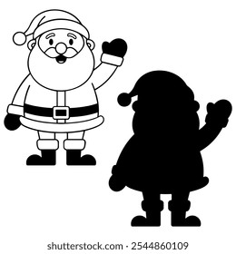 Illustration of Santa Claus standing with his hands raised in greeting and smiling.
