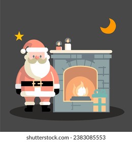 illustration of Santa Claus standing near a brightly lit fireplace