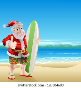 An illustration of Santa Claus standing in shorts and sandals on a beach holding a surfboard and doing a thumbs up