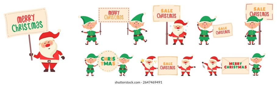 Illustration santa claus template background merry season snow flakes typography board friendly holiday pose costume character empty greeting celebration invitation card design
