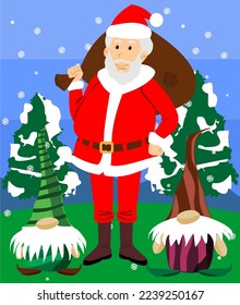  Illustration of santa claus and two gnomes with snow and christmas trees, merry christmas.