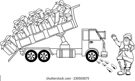 Illustration of Santa Claus unloads truck with gifts