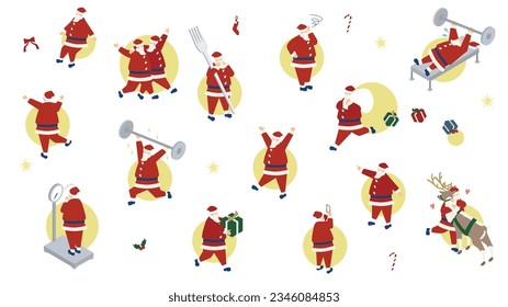 It is an illustration of Santa Claus in various scenes.