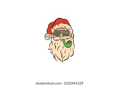 Illustration of Santa Claus wearing green shutter shades and smoking a pipe, quirky and fun holiday design