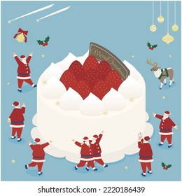It is an illustration of Santa Claus who is pleased with a big Christmas cake.