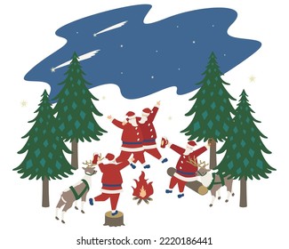 It is an illustration of Santa Claus who seems to be having fun surrounded by a bonfire with his friends in the forest.