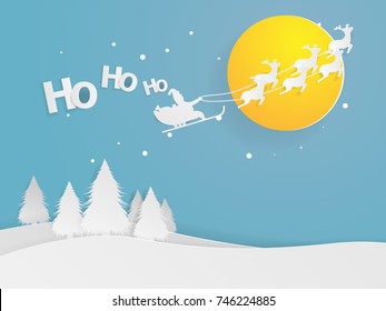 illustration of santa clause flying on sky in christmas night paper art vector